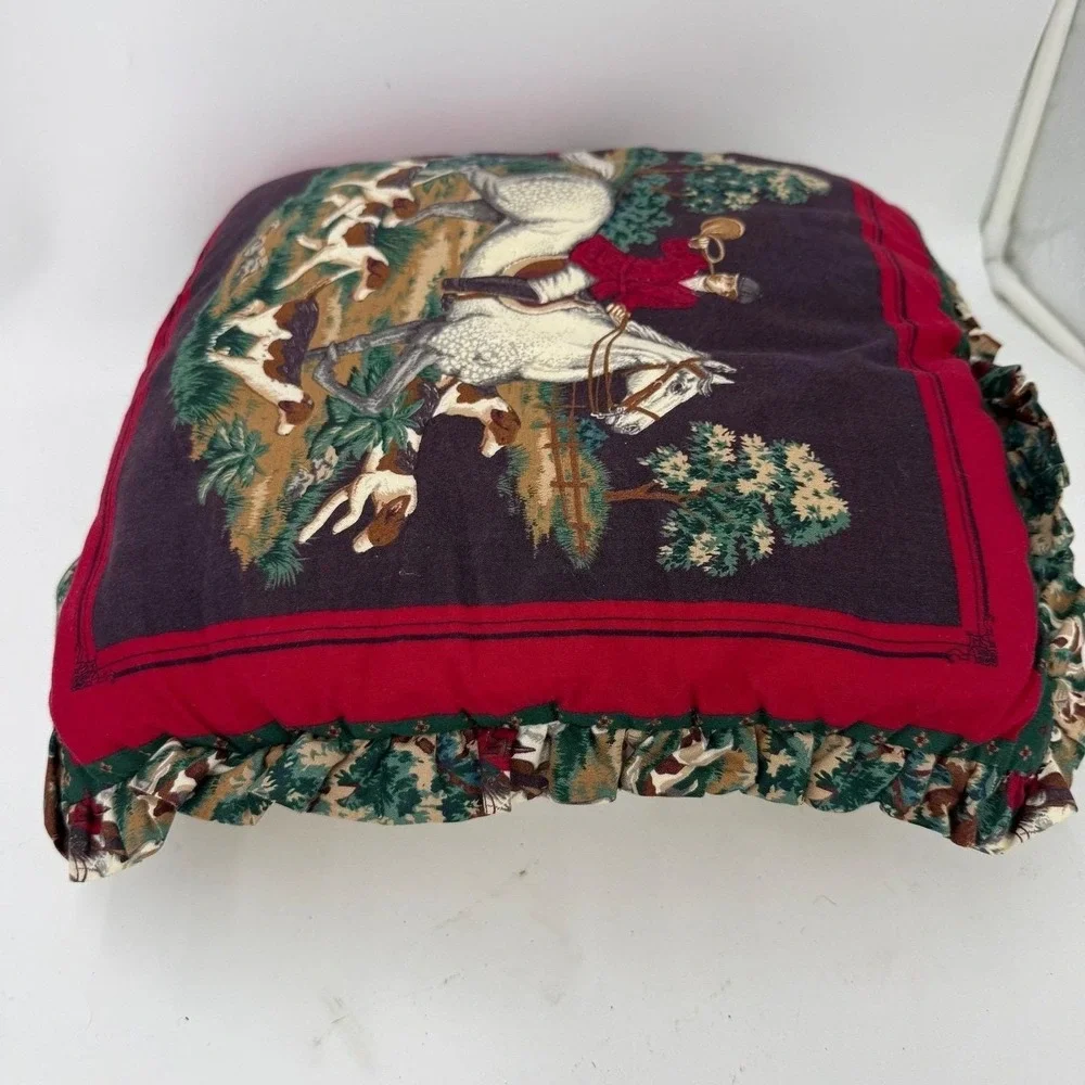 Vintage throw pillow featuring an English equestrian fox hunting scene